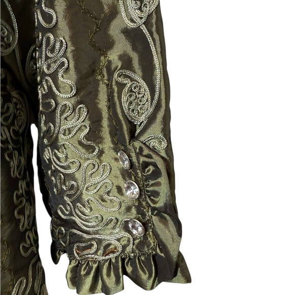 Olive Green Textured Cocktail Jacket with Ruffle Trim - Picture 7 of 8